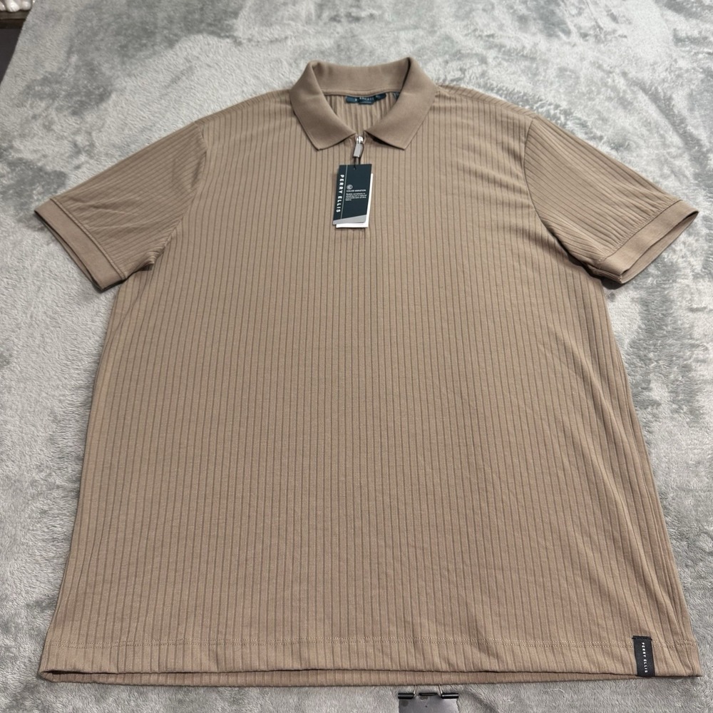 Perry Ellis NEW 1/4 Zip Ribbed Polo Shirt Mens M Desert Taupe Preppy Work Office